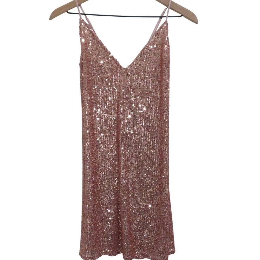 Victoria's Secret Womens Sz M Rose Gold Sequin Mini Dress Strappy V Neck